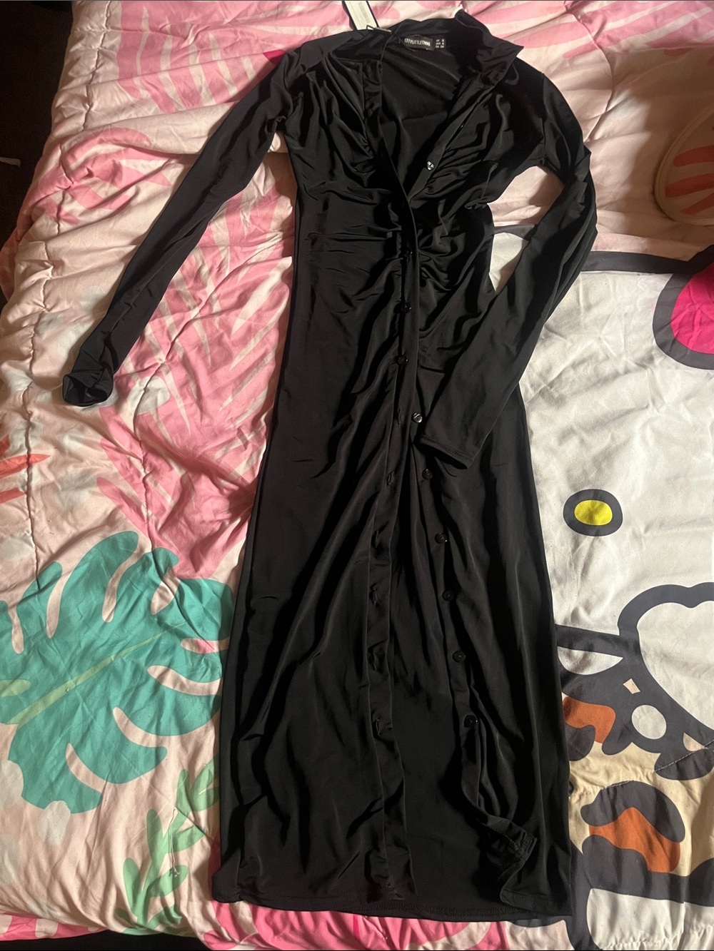 PrettyLittleThing Black Long Sleeve Button-Through Maxi Dress